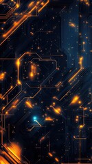 Obraz premium Abstract digital circuit design featuring glowing orange lights on a dark background, representing technology and innovation.