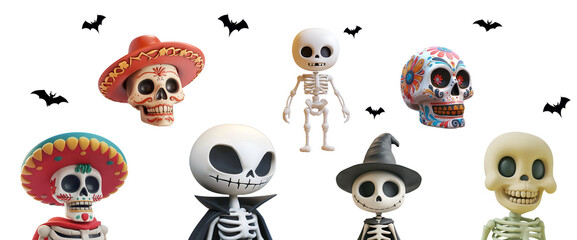 Set Collection of Halloween Skeleton and Skull in 3D Cartoon Illustration with Various Expressions: Angry, Happy, Funny in Close-Up, Half-Body, and Full-Body, Isolated on Transparent Background, PNG