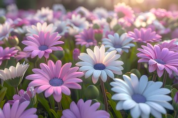 Field of purple and white gerbera flowers.