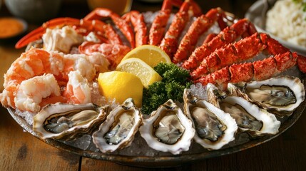 A beautifully arranged seafood platter featuring a variety of oysters, crab legs, and shrimp, with lemon wedges.