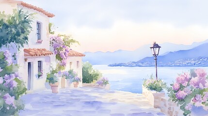 Fototapeta premium Colorful coastal village at twilight, cobblestone street winding down to a serene ocean, rendered in vibrant watercolor with subtle oil painting textures