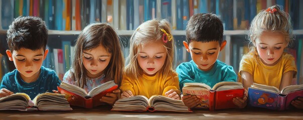 Bright and engaging literacy image with kids of varied backgrounds reading and learning, inviting classroom or library, modern educational elements, vivid colors
