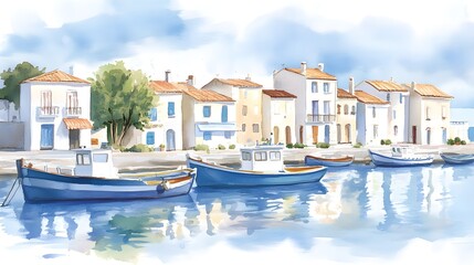 Obraz premium Colorful fishing boats anchored near a charming coastal village, captured in watercolor with light brushstrokes, creating a peaceful yet lively atmosphere