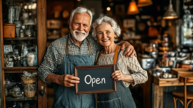A joyful elderly couple proudly holding an “Open” sign in front of their cozy, rustic shop.

