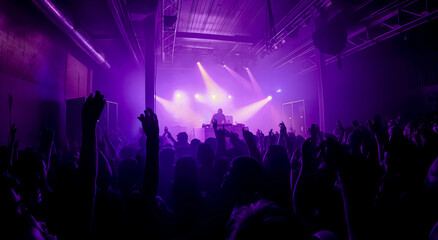 DJ on stage behind DJ mixer, crowd of people in front of him, stage illuminated with bright lights. The concept of a DJ party.