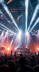 DJ on stage behind DJ mixer, crowd of people in front of him, stage illuminated with bright lights. The concept of a DJ party.