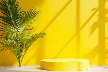 Obraz premium Yellow podium shelf or empty pedestal display on vivid yellow summer background with minimal style.