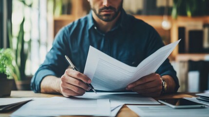 A business professional reviewing documents at a desk, with a serious and focused expression.
