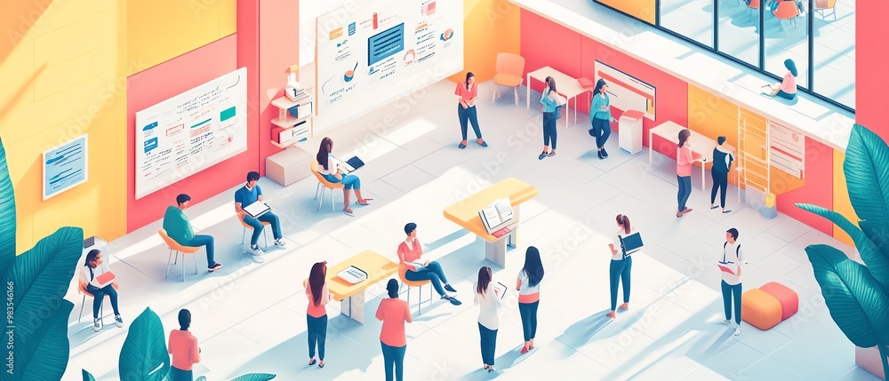 Poster creative illustration of an interactive learning space with modern educational tools, diverse group 