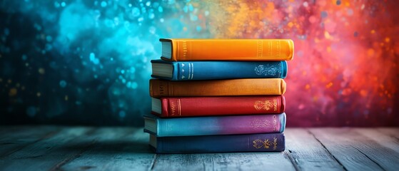 Creative image of a stack of colorful books with dynamic backgrounds, showcasing diverse genres, modern and inviting design