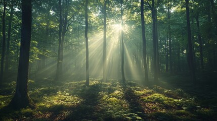 Obraz premium A secluded forest clearing with radiant sunlight piercing through the dense canopy, creating a mystical atmosphere with long shadows and glowing mist