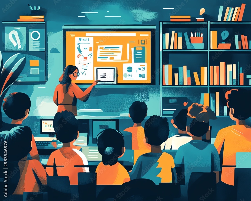 Poster Dynamic depiction of a teacher using interactive technology to teach, modern classroom, engaging and colorful design, diverse students