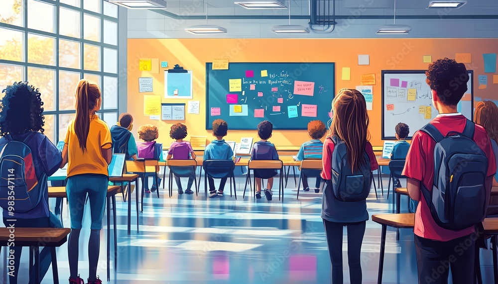 Poster dynamic educational illustration featuring diverse students engaged in interactive learning activiti