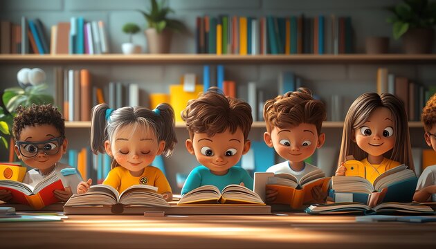 Dynamic literacythemed image with kids reading and exploring books, lively and colorful classroom, diverse backgrounds, modern educational tools