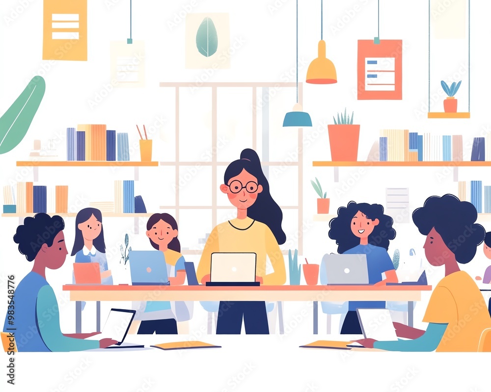 Poster illustration of a teacher at a desk with students working on assignments, bright and modern classroo