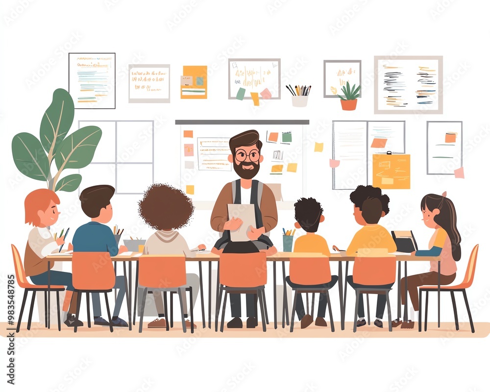 Poster illustration of a teacher at a desk with students working on assignments, bright and modern classroo