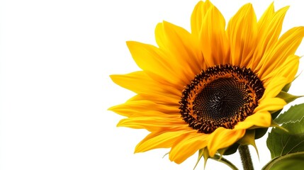Fototapeta premium Single sunflower with vivid yellow petals against a clean white backdrop, every petal meticulously detailed, Minimalist, Digital Painting