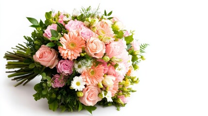 Mixed floral bouquet with roses, lilies, and daisies arranged in a circle, top view on solid white background, single object
