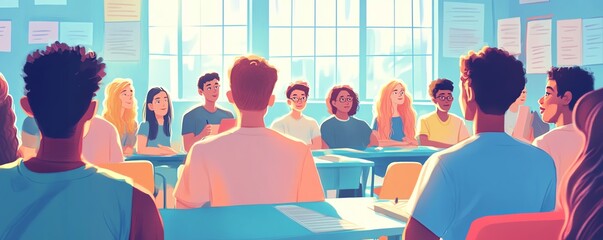Illustration of students participating in a classroom discussion, modern educational environment, diverse group, clean and colorful design