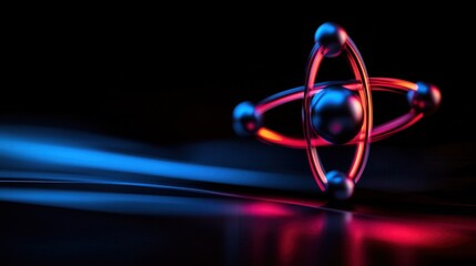 3D model of an atom with orbiting electrons on a bold, colorful abstract background