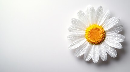 Fototapeta premium Raindrop-covered daisy with a bright yellow center on solid white background, single flower