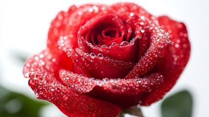Red rose with water droplets, close-up view on solid white background, deep and rich colors, perfect for romantic and luxury-themed visuals