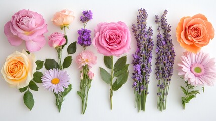 Obraz premium Roses, daisies, and lavender flowers laid out on a light surface, creating a vibrant composition, overhead shot on a solid white background, single object