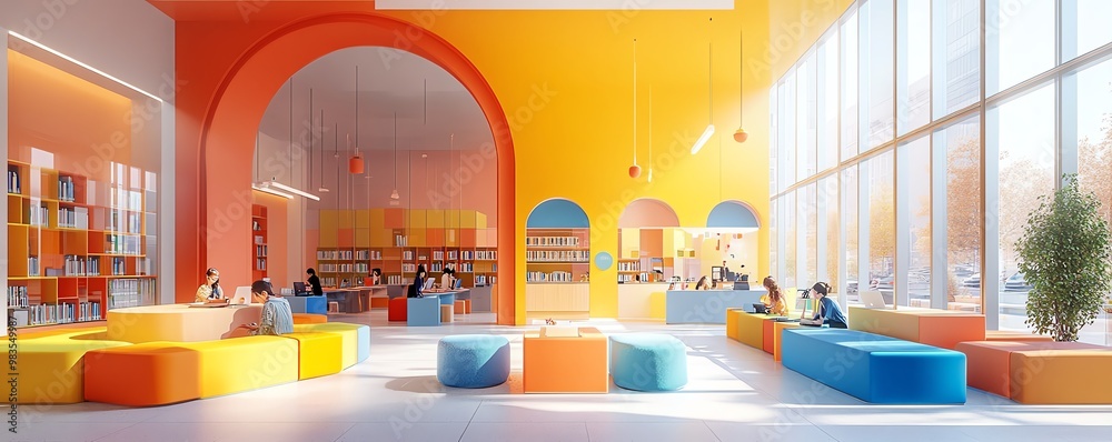 Aufkleber Modern educational space with interactive elements, students working on assignments, clean and colorful design, vibrant classroom atmosphere