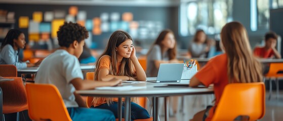 Obraz premium Modern educational image showcasing students using technology and interactive tools, diverse classroom setting, clean and colorful design