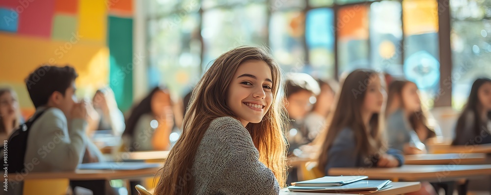 Aufkleber modern image of students at desks with educational materials, diverse group, bright and inviting cla