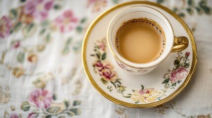 Fototapeta premium A close-up of a coffee cup and saucer with delicate floral patterns, placed on a vintage tablecloth.