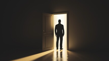 A mysterious silhouette stands in a dim room, illuminated by light from an open door. contrast evokes themes of opportunity, transition, and introspection, ideal for growth and change.