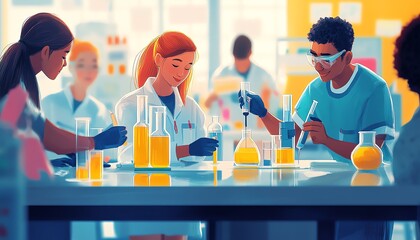 Stylish illustration of students working together on a science experiment, vibrant classroom setting, interactive and clean design