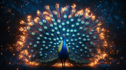 Peacock and Fireworks: A majestic peacock with its feathers spread wide, adorned with rangoli patterns, and fireworks illuminating the sky behind it, Diwali