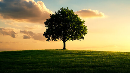 Naklejka premium A serene landscape featuring a solitary tree at sunset, surrounded by lush grass and dramatic clouds, evoking tranquility and nature's beauty.