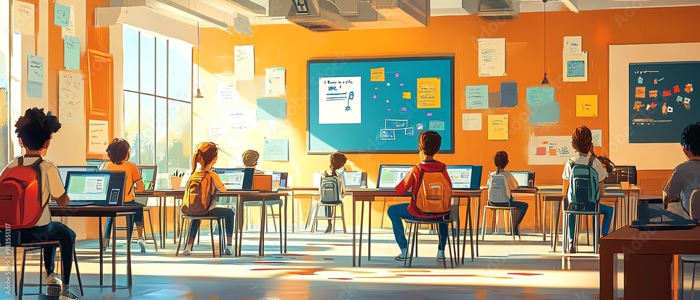 Aufkleber bright and dynamic depiction of students in a lively classroom, engaging with interactive learning t