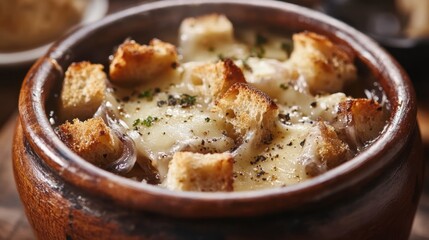 A close-up of French onion soup with melted cheese and croutons, served in a rustic bowl.