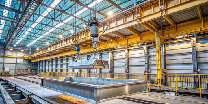 Overhead crane lifting metal products from hot dip galvanizing bath for steel industry