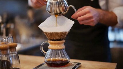 A coffee shop barista preparing a pour-over coffee with a glass kettle and a meticulously placed coffee filter.