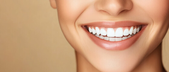Obraz premium A woman with a bright smile and perfectly white teeth. Concept of happiness and confidence