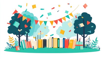 Creative image showcasing a community event focused on literacy awareness, with colorful banners, books, and educational activities, modern design