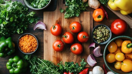 A colorful array of fresh vegetables and herbs laid out on a rustic wooden cutting board, ready for cooking.