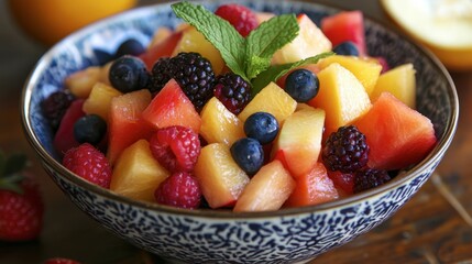 A colorful bowl of fresh fruit salad with a mix of melons, berries, and citrus, served with a mint leaf garnish.