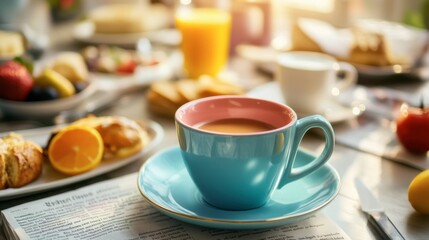 A colorful coffee cup set on a table, surrounded by a selection of breakfast items and a morning newspaper.