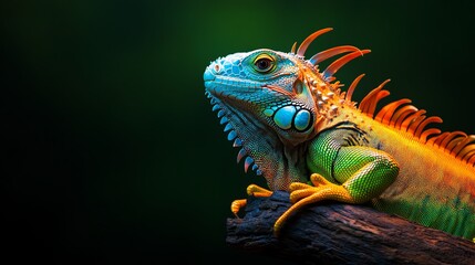 Fototapeta premium Vibrant close-up of an iguana, showcasing its striking colors and unique features against a blurred green background.