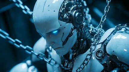 A robot with a human face entangled in chains of legal texts, struggling against the weight of justice in a sleek, high-tech courtroom, bathed in cold, blue light