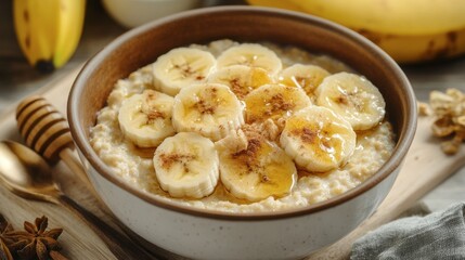 A cozy breakfast scene with a warm bowl of oatmeal topped with sliced bananas, honey, and a sprinkle of cinnamon.