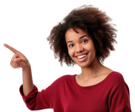 Brazilian woman portrait pointing finger.