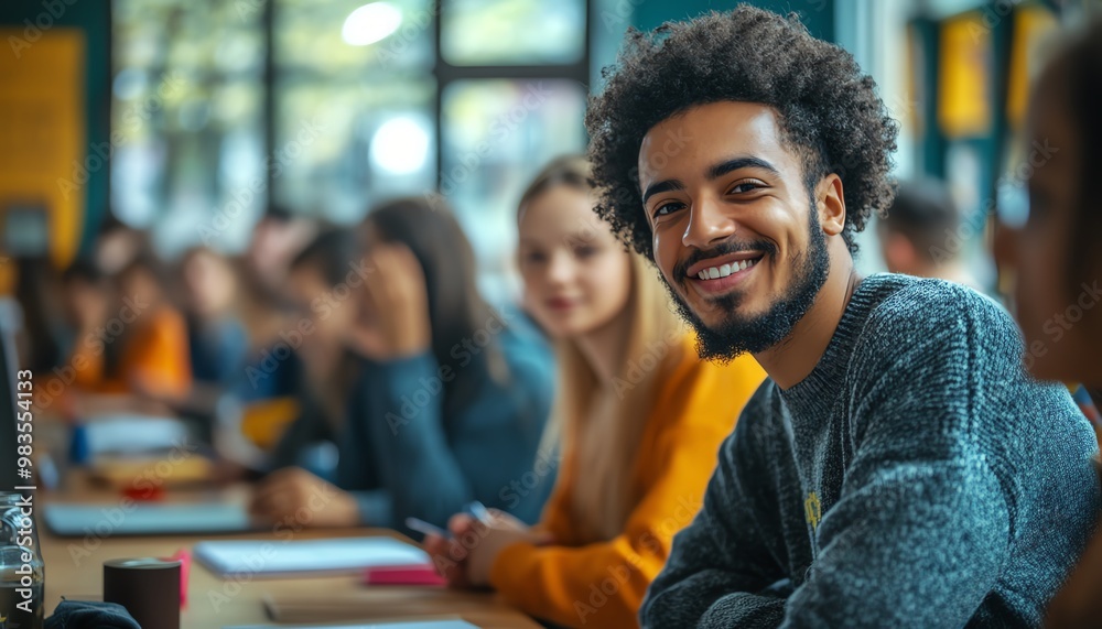 Poster dynamic scene of an adult education class featuring diverse students participating in interactive le