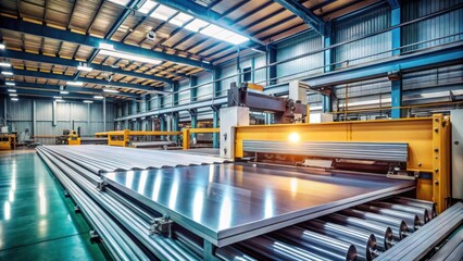 Obraz premium Industrial steel sheet package cutting process on conveyor in sheared metal sheet industry